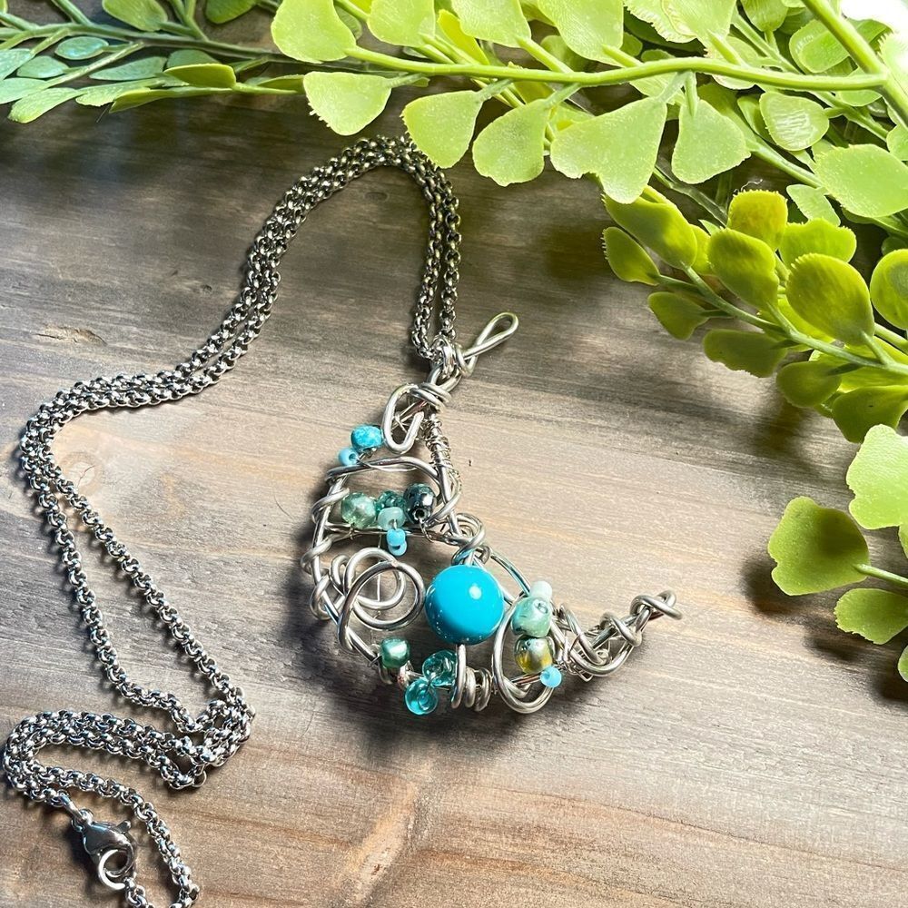 Bohemian Moon Pendant Necklace Turquoise Teal 18in
